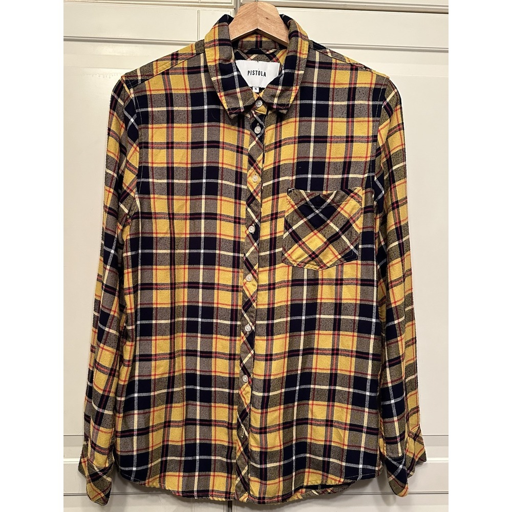 Pistola Revolve Flannel Shirt Womens‎ Small Yellow Blue Plaid Long Sleeve